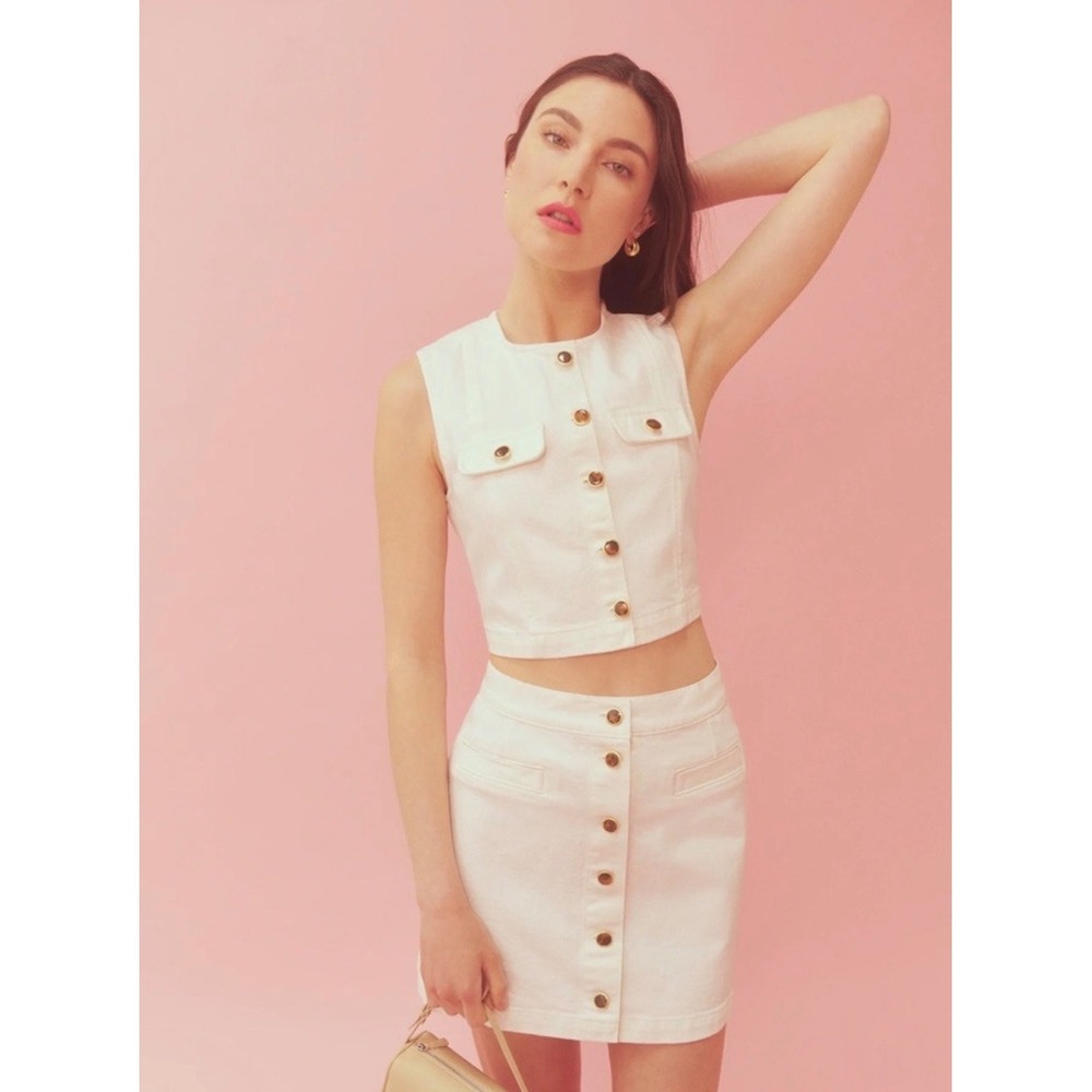 Reformation Cher Denim Two Piece Set White Vest Mini Skirt Size 12